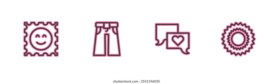 Linie LSD Säurezeichen, Sprechblasen-Chat, Jeans breit und Sun-Symbol. Vektorgrafik