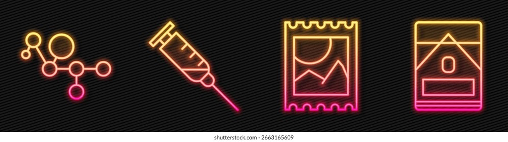 Set line LSD acid mark, molécula de cannabis, jeringa y caja de cigarrillos. Icono de neón brillante. Vector