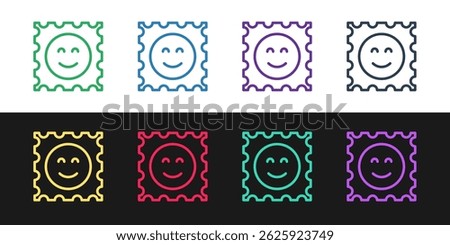 Set line LSD acid mark icon isolated on black and white background. Acid narcotic. Postmark. Postage stamp. Health danger.  Vector