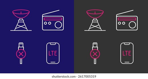 Set line LTE network, No usb cable cord, Radio and Satellite dish icon. Vector