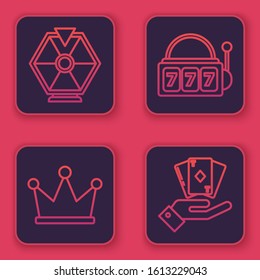 Set line Lucky wheel, Crown, Slot machine with lucky sevens jackpot and Hand holding deck of playing cards. Blue square button. Vector