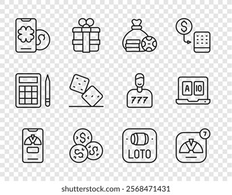 Set line Lucky wheel on phone, Money bag, Casino chip with dollar, Online poker table game, Game dice, Lottery ticket and  icon. Vector