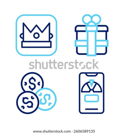 Set line Lucky wheel on phone, Casino chip with dollar, Gift box and King playing card icon. Vector