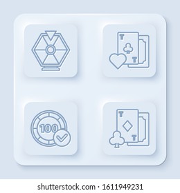 Set line Lucky wheel, Playing card with clubs symbol, Casino chips and Playing card with diamonds. White square button. Vector