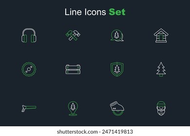 Set line Lumberjack, Electric circular saw, Location of the forest, Hand, Tree, Shield with tree, Wooden box and Circular blade icon. Vector