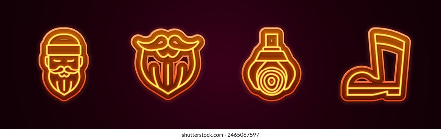 Set line Lumberjack, Mustache and beard, Grapple crane grabbed log and Waterproof rubber boot. Glowing neon icon. Vector