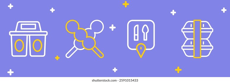 Set line Lunch box, Cafe and restaurant location, Meatballs wooden stick and Coffee cup to go icon. Vector