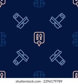 Set line Lunch box, Coffee cup to go and Cafe and restaurant location on seamless pattern. Vector