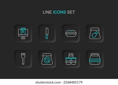 Set line Lunch box, Coffee cup to go, Online ordering food, Fork, meal, Knife and  icon. Vector