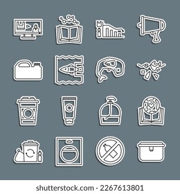 Set line Lunch box, Earth globe and book, Problem of pollution planet, Ecology infographic, Stop ocean plastic, Canister for machine oil,  and Environment protection whale dead icon. Vector