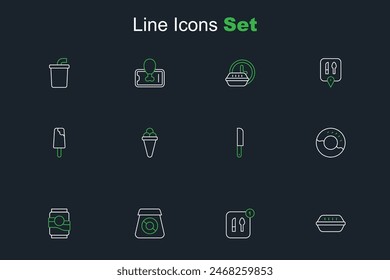 Set line Lunch box, Food ordering, Online food, Soda can, Donut, Knife, Ice cream waffle and  icon. Vector