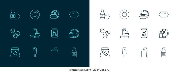 Set line Lunch box, Ice cream, Soda can, Paper glass with water, Coffee cup to go, Round the clock delivery, Online ordering food and Donut icon. Vector