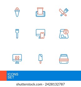 Set line Lunch box, Ice cream, Online ordering food, Fork, Crossed knife and fork and Food on mobile icon. Vector