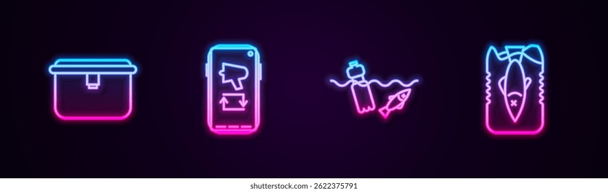 Set line Lunch box, Megaphone on mobile, Problem pollution of the ocean and Stop plastic. Glowing neon icon. Vector
