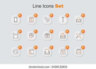 Set line Caja de almuerzo, pedido en línea de alimentos, Comida en el móvil, Donut, albóndigas palo de madera, y taza de café para ir icono. Vector