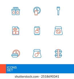 Set line Lunch box, Online ordering meal, Round the clock delivery, food, Restaurant cafe menu, Soda can, Fork and  icon. Vector