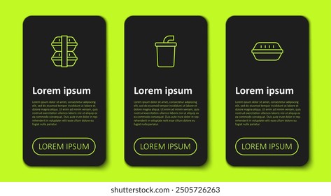 Set line Lunch box, Paper glass with water and . Business infographic template. Vector