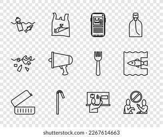 Set line Lunch box, Stop plastic pollution, Drinking straw, Problem of the ocean, Spread word, megaphone,  and  icon. Vector