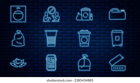 Set-Line-Lunch-Box, Mülltonne, Recycling-Papierkorb mit Recycling, Papierglas, Müllbeutel, Batteriepack und Stopp-Plastik-Verschmutzungssymbol. Vektorgrafik