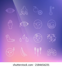 Set line Lungs, Bacteria, Face in protective mask, Orange fruit, Reddish eye allergic conjunctivitis, Hand with psoriasis or eczema,  and  icon. Vector