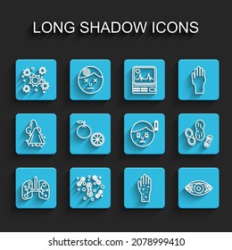 Set line Lungs, Bacteria, Hand with psoriasis or eczema, Reddish eye allergic conjunctivitis, Orange fruit, Peanut and Fatigue icon. Vector