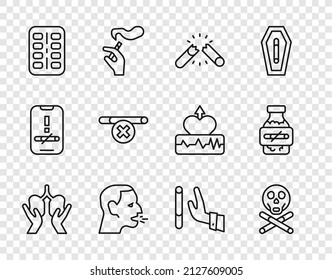 Set line Lungs, Bones and skull, Broken cigarette, Man coughing, Nicotine gum blister pack, No smoking, Giving up and icon. Vector