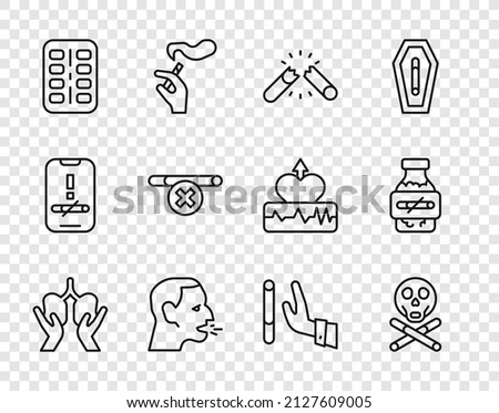 Set line Lungs, Bones and skull, Broken cigarette, Man coughing, Nicotine gum blister pack, No smoking, Giving up and icon. Vector