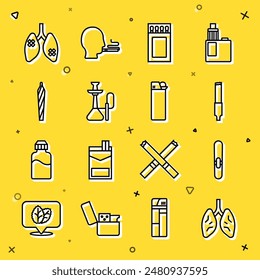 Set line Lungen, Zigarre, Zigarette, Matchbox und Streichhölzer, Wasserpfeife, Marihuana Gelenk, Spliff, Disease Lungs und Lighter Symbol. Vektorgrafik