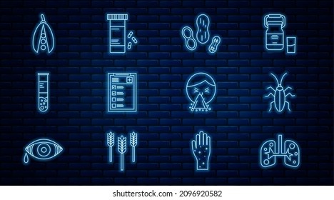 Set line Lungs, Cockroach, Peanut, Clinical record, Test tube and flask, Kidney beans, Handkerchief to his runny nose and Medicine bottle pills icon. Vector