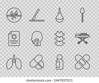 Set line Lungs, Crossed bandage plaster, Enema, Medicine pill or tablet, Heart rate, Sore throat, Eye drop bottle and Stretcher icon. Vector