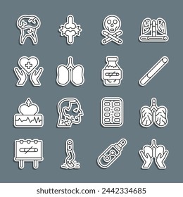 Set line Lungs, Disease lungs, Cigarette, Bones and skull, Heart with cross, Tooth caries and Nicotine gum in blister pack icon. Vector