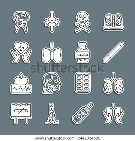 Set line Lungs, Disease lungs, Cigarette, Bones and skull, Heart with cross, Tooth caries and Nicotine gum in blister pack icon. Vector