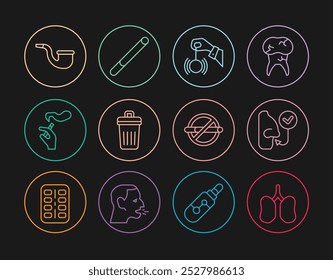 Set line Lungs, Healthy breathing, Hypnosis, Trash can, Hand with smoking cigarette, No pipe,  and Cigarette icon. Vector