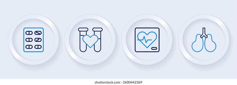Set line Lungs, Heart rate, Test tube with blood and Pills in blister pack icon. Vector