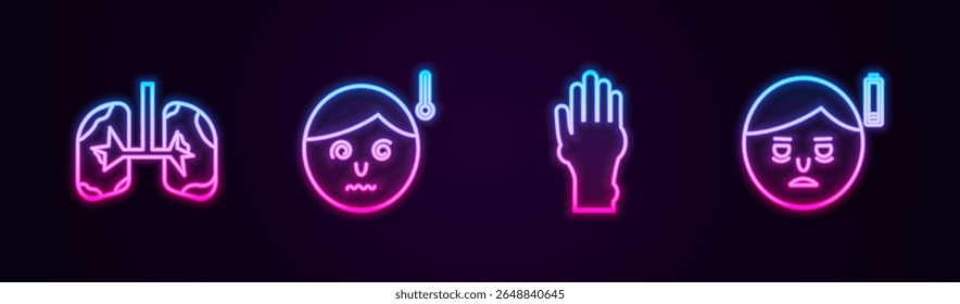 Set line Lungs, High human body temperature, Hand with psoriasis or eczema and Fatigue. Glowing neon icon. Vector