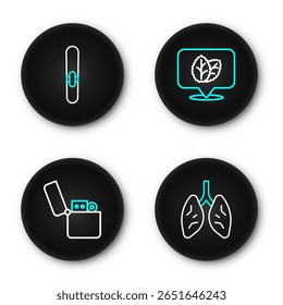 Set line Lungs, Lighter, Tobacco leaf and Cigar icon. Vector