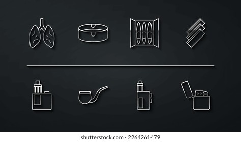 Set line Lungs, Vape mod device, Cigarette rolling papers, No pipe smoking, Ashtray, Lighter and  icon. Vector