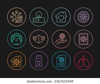 Die Lunge-Linie, Virusstatistiken auf dem Monitor, Haus mit Herz im Inneren, medizinische Schutzmaske, Erd-Medizin, Positives Virus, Hand-und Wet-Wischpack-Symbol. Vektorgrafik