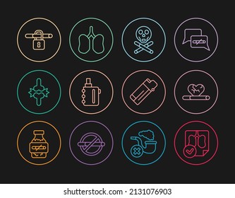 Fijar línea Diagnósticos de rayos X de pulmones, Enfermedades cardíacas con fumar, Huesos y cráneo, Cigarrillo electrónico, Dolor articular, dolor de rodilla, No, Lighter e icono. Vector