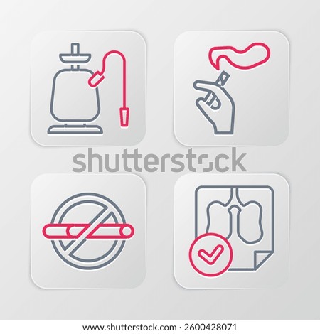 Set line Lungs x-ray diagnostics, No smoking, Hand with cigarette and Hookah icon. Vector