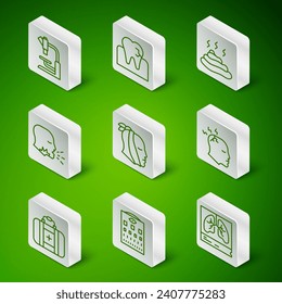 Die Linie Lungs-Röntgenaufnahme, Augentestdiagramm, Mikroskop, Zahnschmerzen, Hustenhusten, mit Karies, Erste-Hilfe-Kit und mit Kopfschmerzsymbol. Vektorgrafik