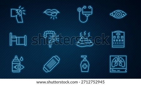 Set line Lungs x-ray, Eye test chart, Stethoscope, Gut constipation, Hospital bed, Joint pain, knee pain, Shit and Herpes lip icon. Vector