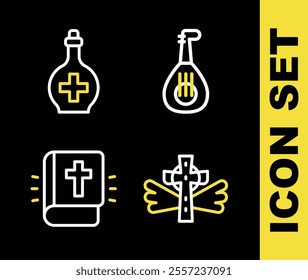 Set line Lute, Christian cross, Holy bible book and Bottle with potion icon. Vector