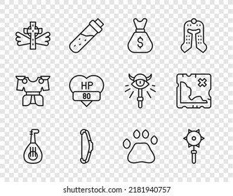 Set Line Lute, Medieval Chained Mace Ball, Old Money Bag, Bow, Christian Cross, Video Game Bar, Bear Paw Footprint And Pirate Treasure Map Icon. Vector