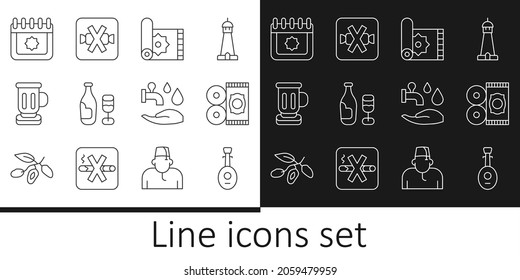 Set line Lute, Traditional carpet, Wine bottle with glass, Medieval goblet, Ramadan calendar, Wudhu and No sweets icon. Vector