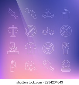 Set line Lying burning tires, Raised hand with clenched fist, X Mark, Cross circle, Police car flasher, Ban, Scales of justice, Military knife and Handcuffs icon. Vector