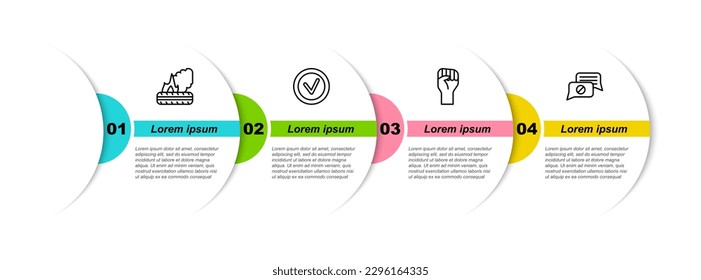 Set Line Lying brennende Reifen, Markieren Sie rund, Heben Sie die Hand mit geknallter Faust und Reden-Blase-Chat. Infografik-Vorlage für Unternehmen. Vektorgrafik