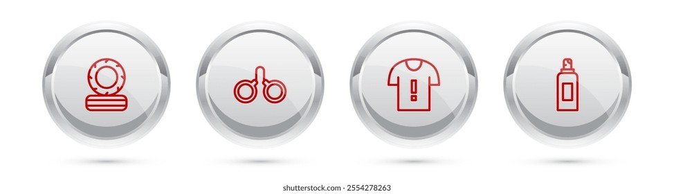 Set line Lying burning tires, Handcuffs, T-shirt protest and Paint spray can. Silver circle button. Vector