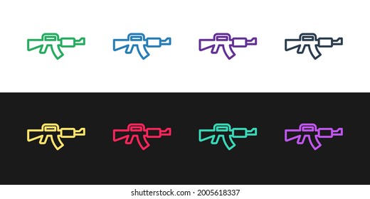 Set line M16A1 rifle icon isolated on black and white background. US Army M16 rifle. Vector