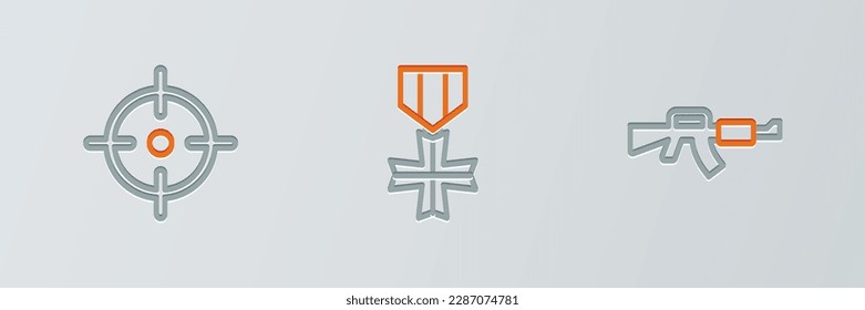 Set line M16A1 rifle, Target sport and Military reward medal icon. Vector